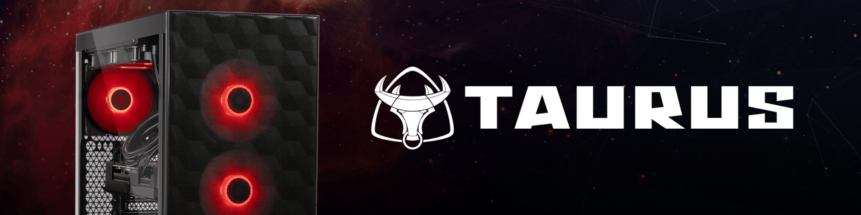 Taurus-computer med røde blæsere og Taurus-logo
