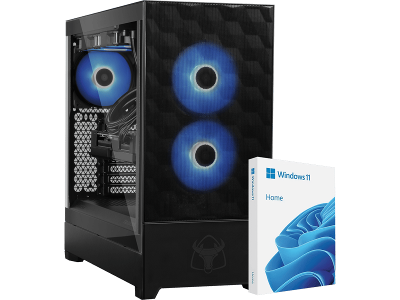 Computer med blå blæsere og Windows 11-æske